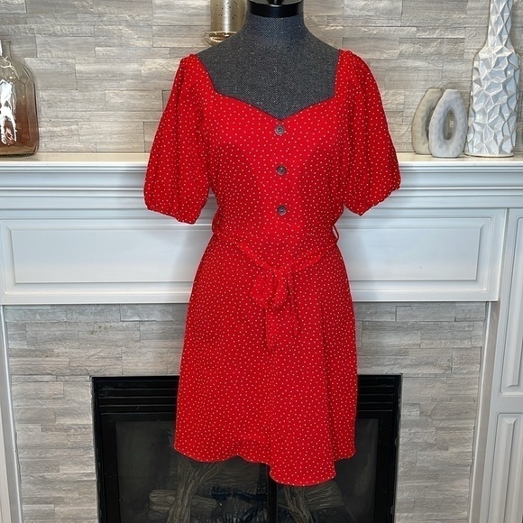 Monteau Red Polka Dot Puff Sleeve Dress - Picture 1 of 5